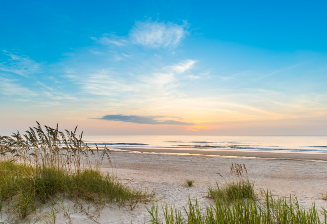 Low dunes and seagrass frame one of Amelia Island’s serene beaches.