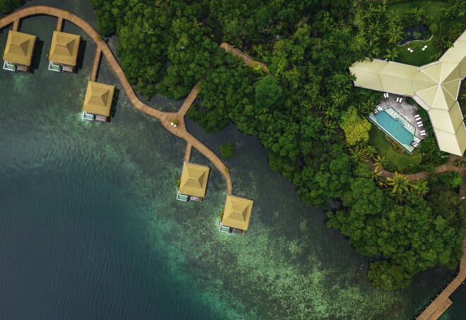 Nayara Bocas del Toro Panama hotel aerial view of overwater villas, mangrove island and ocean